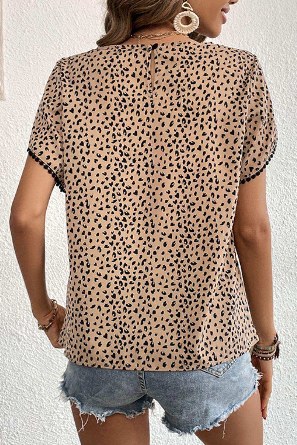 Printed Pom Pom Detail Petal Sleeve Round Neck Blouse - Trendsi - Flyclothing LLC