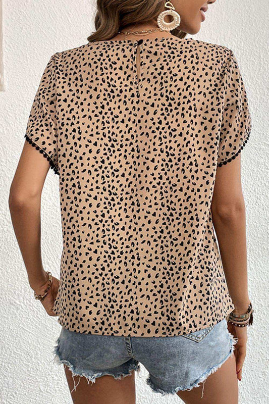 Printed Pom Pom Detail Petal Sleeve Round Neck Blouse - Trendsi - Flyclothing LLC