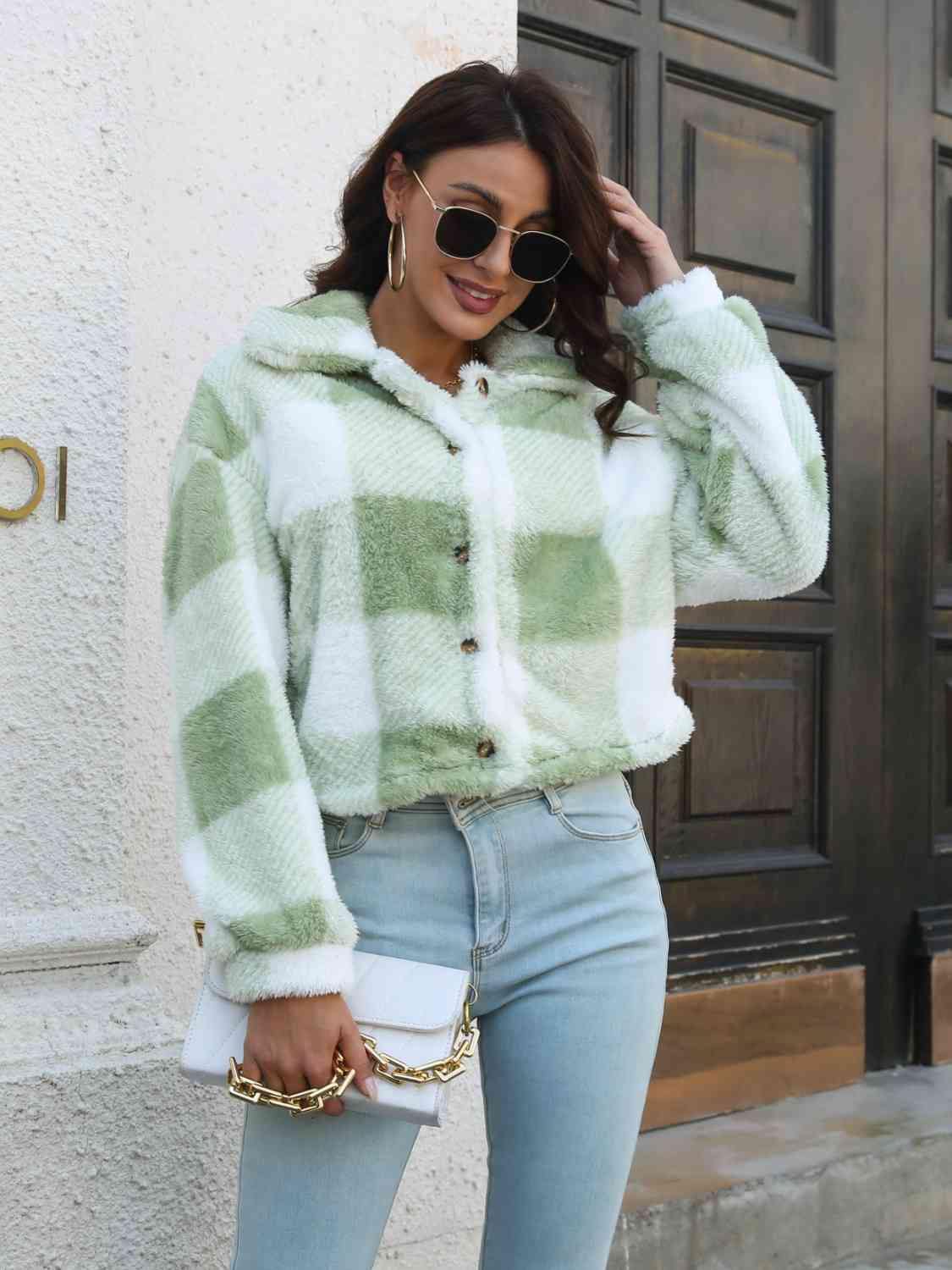Plaid Dropped Shoulder Buttoned Jacket - Trendsi