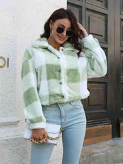 Plaid Dropped Shoulder Buttoned Jacket - Trendsi