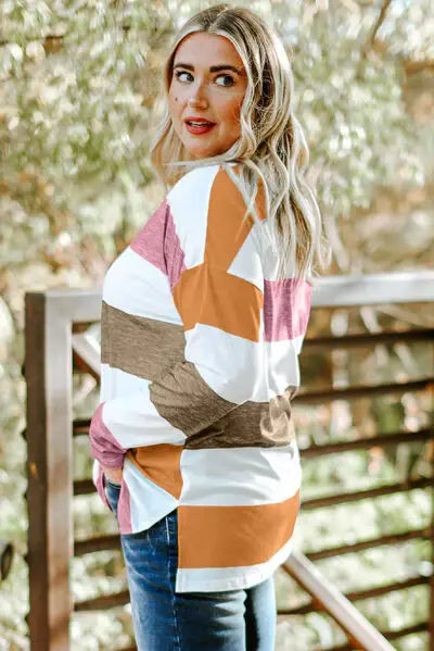 Plus Size Striped Slit Long Sleeve T-Shirt - Trendsi - Flyclothing LLC