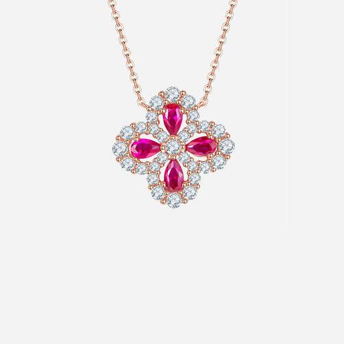 Lab-Grown Ruby 925 Sterling Silver Flower Shape Necklace - Trendsi
