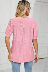 Eyelet Notched Short Sleeve T-Shirt - Trendsi - Flyclothing LLC