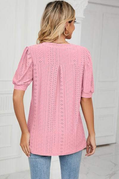 Eyelet Notched Short Sleeve T-Shirt - Trendsi - Flyclothing LLC