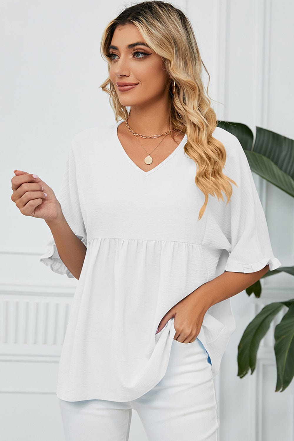 Peplum V-Neck Half Sleeve T-Shirt - Trendsi
