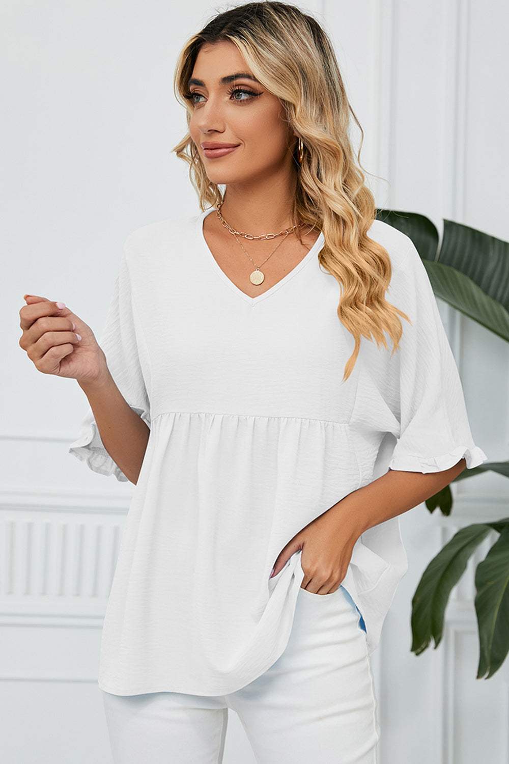 Peplum V-Neck Half Sleeve T-Shirt - Trendsi - Flyclothing LLC