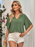 Swiss Dot Notched Neck Flare Sleeve Blouse - Trendsi - Flyclothing LLC