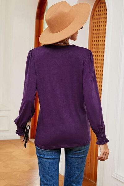 Lace Detail V-Neck Lantern Sleeve T-Shirt - Trendsi - Flyclothing LLC