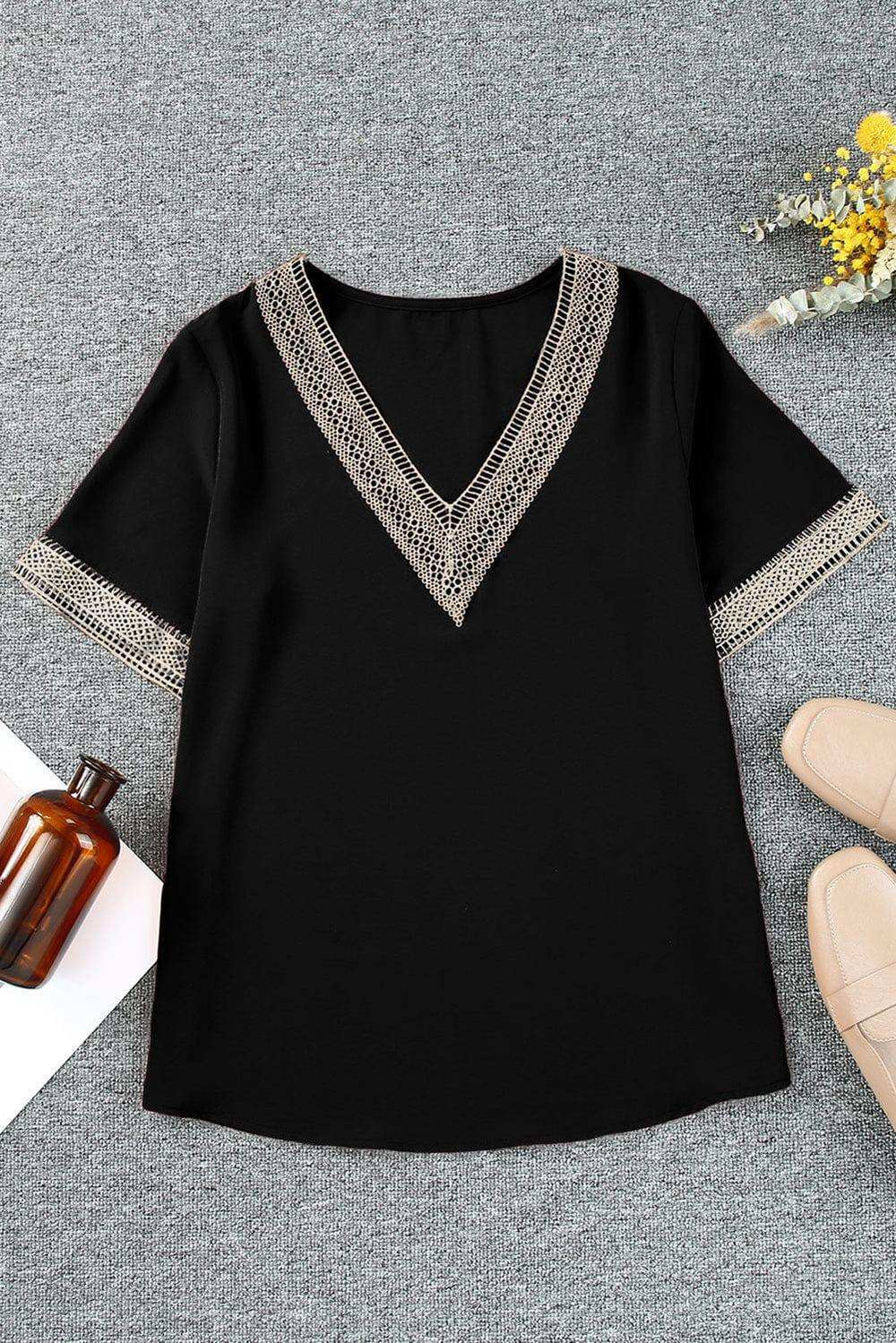 Contrast V-Neck Blouse - Trendsi - Flyclothing LLC