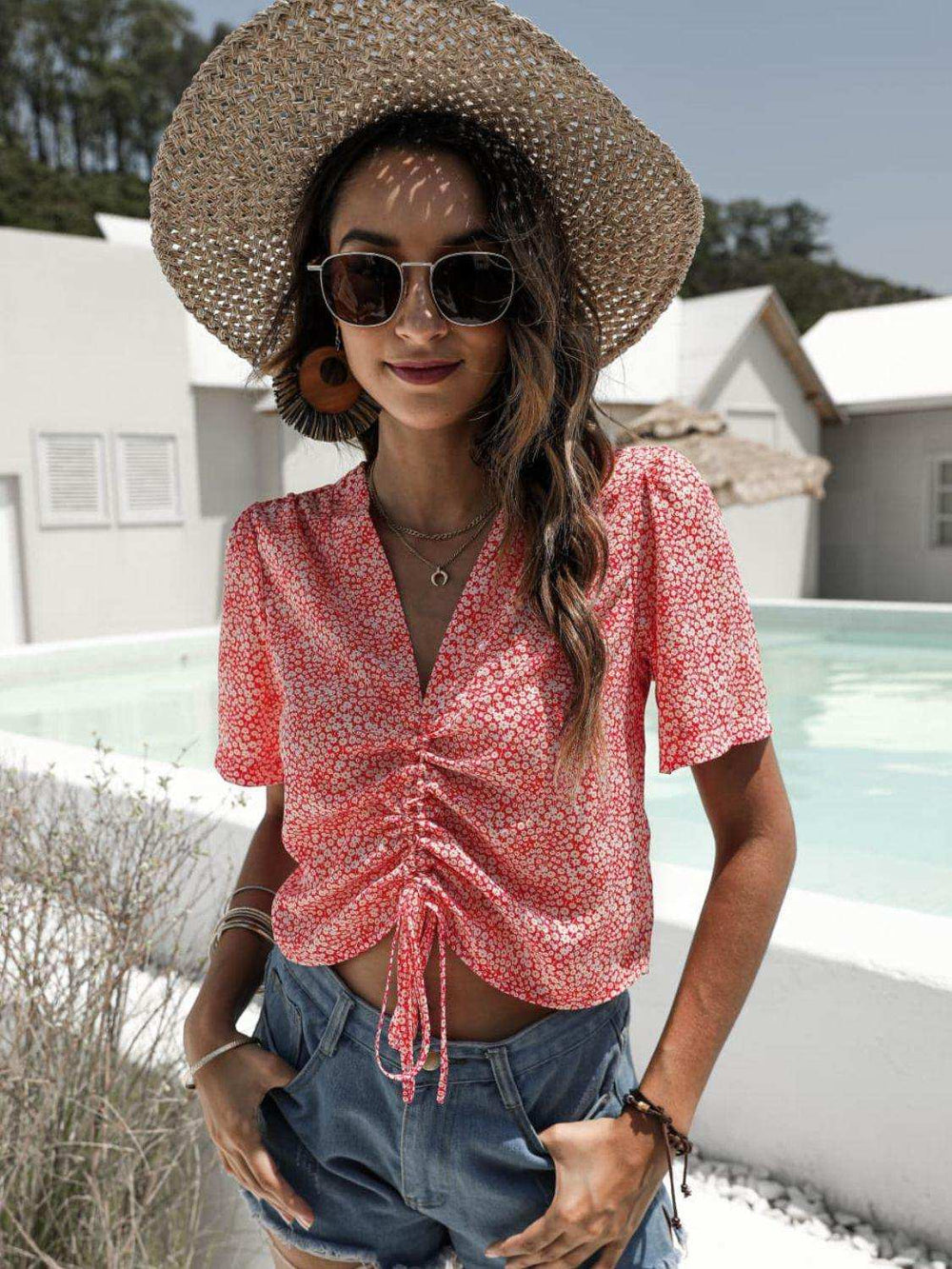 Floral Drawstring Deep V Cropped Blouse - Trendsi - Flyclothing LLC