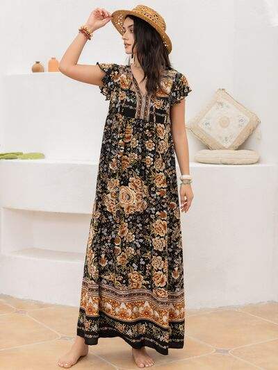 Ruffled Printed Tie Neck Cap Sleeve Dress - Trendsi - Flyclothing LLC