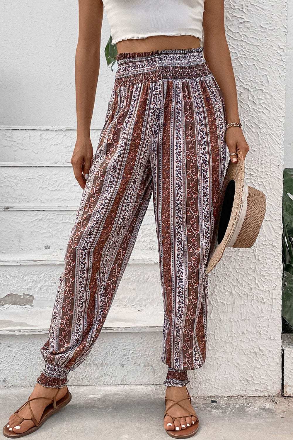 Smocked Printed High Waist Pants - Trendsi - Flyclothing LLC