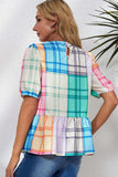Round Neck Puff Sleeve Plaid Blouse - Trendsi - Flyclothing LLC
