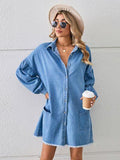 Button Up Pocketed Raw Hem Denim Dress - Trendsi