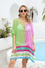 Contrast Scoop Neck Openwork Half Sleeve Cover Up - Trendsi - Flyclothing LLC
