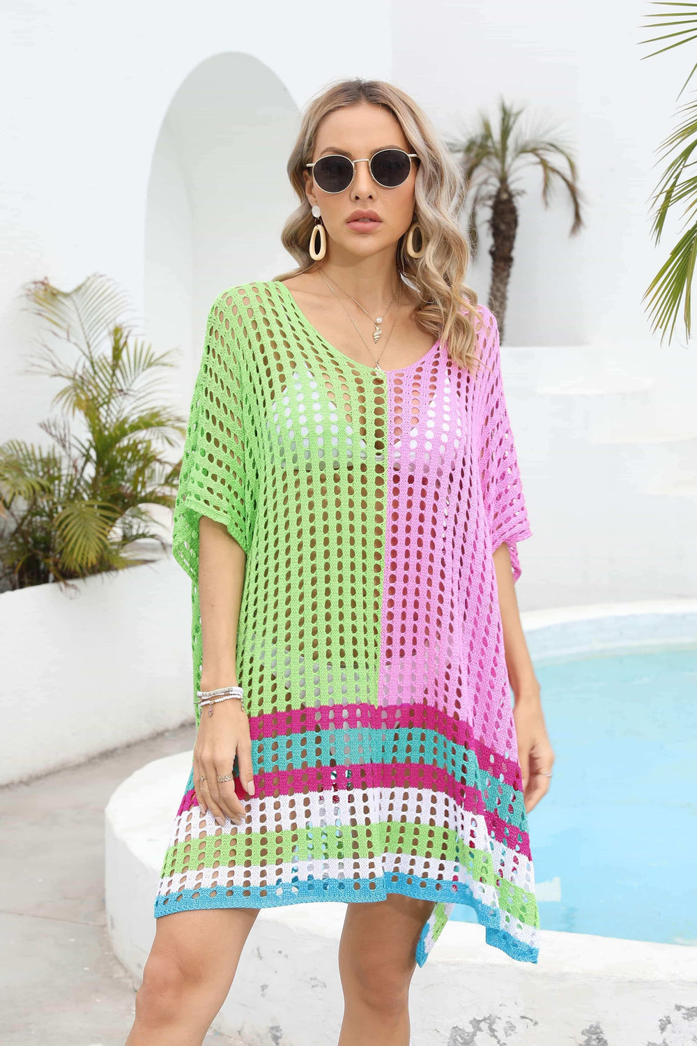 Contrast Scoop Neck Openwork Half Sleeve Cover Up - Trendsi - Flyclothing LLC