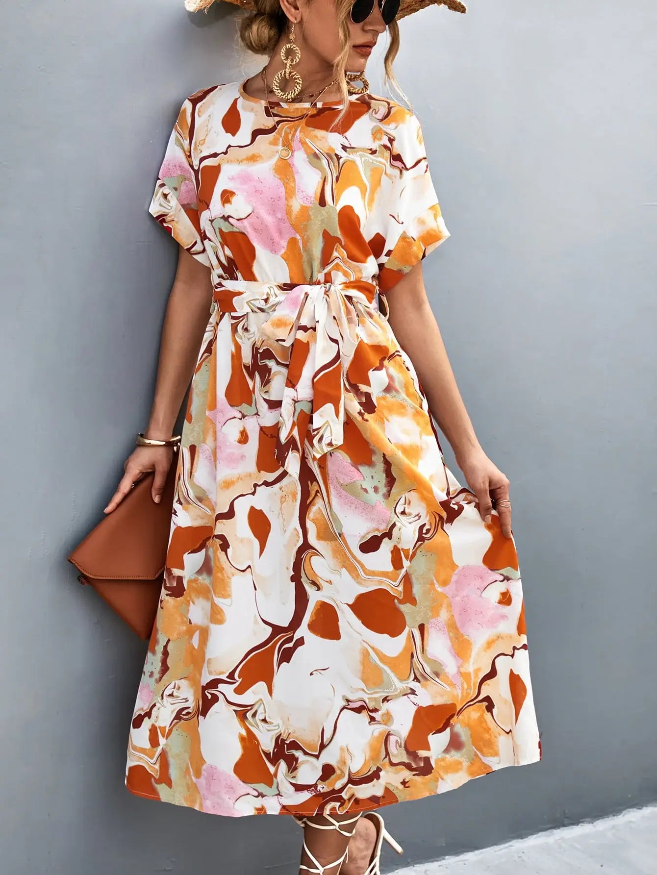 Round Neck Short Sleeve Tie Waist Midi Dress - Trendsi - Flyclothing LLC