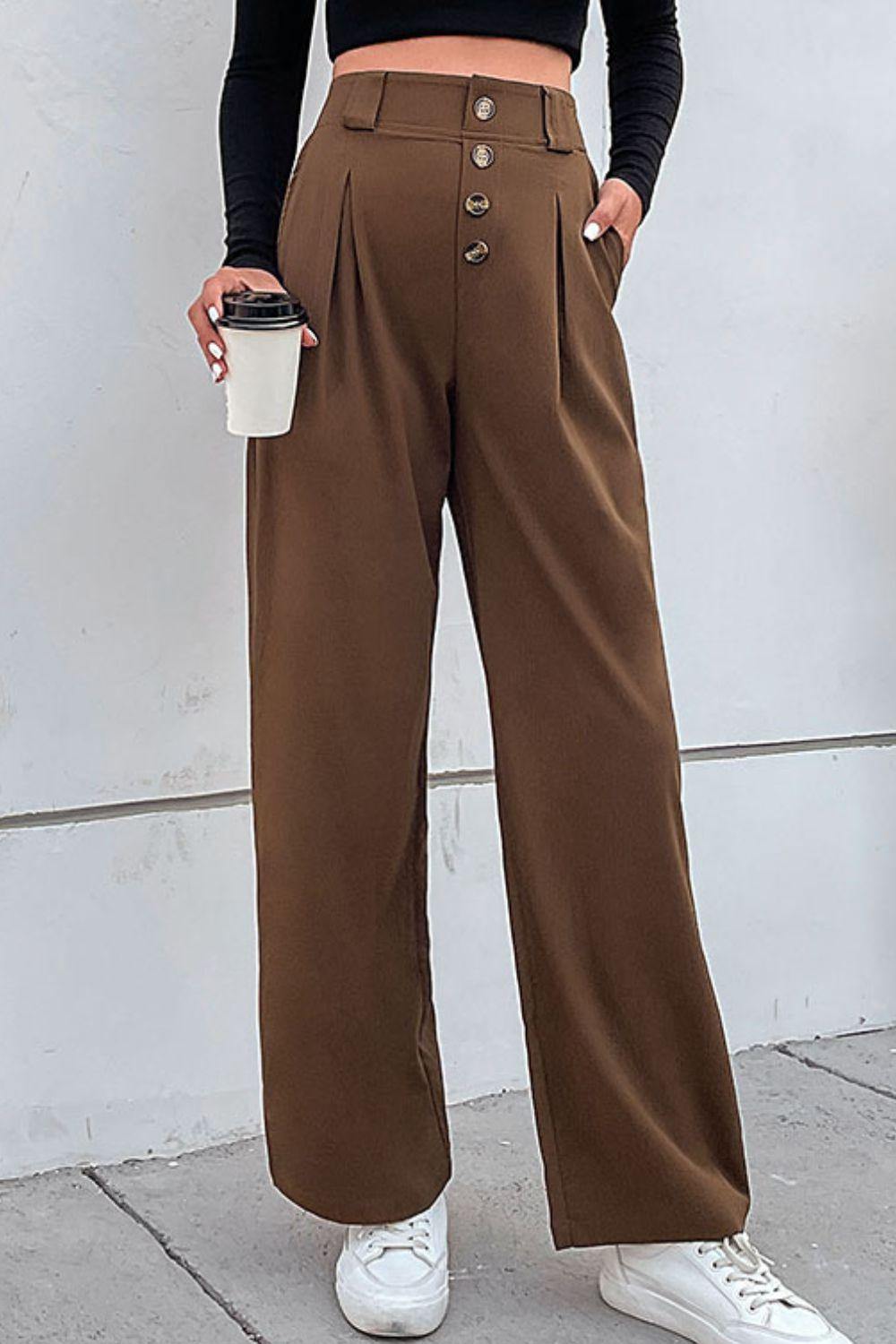 Button-Fly Pleated Waist Wide Leg Pants with Pockets - Trendsi