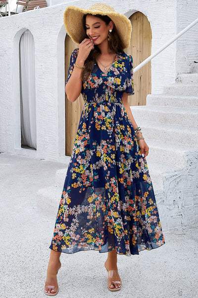 Smocked Floral V-Neck Short Sleeve Dress - Trendsi - Flyclothing LLC