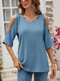 Textured Round Neck Split Sleeve Top - Trendsi
