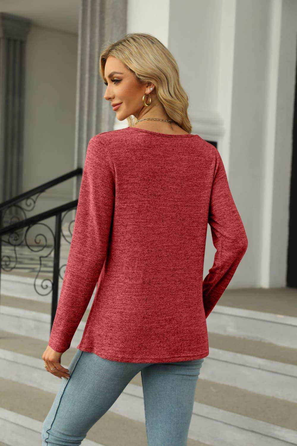 Square Neck Long Sleeve Slit T-Shirt - Trendsi - Flyclothing LLC