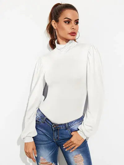 Backless Tie-Waist Turtleneck Lantern Sleeve Bodysuit - Trendsi - Flyclothing LLC