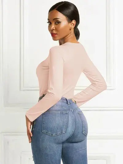 Round Neck Long Sleeve Bodysuit - Trendsi - Flyclothing LLC