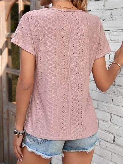 Eyelet V-Neck Short Sleeve T-Shirt - Trendsi - Flyclothing LLC