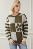 Contrast Round Neck Long Sleeve Sweater - Trendsi - Flyclothing LLC