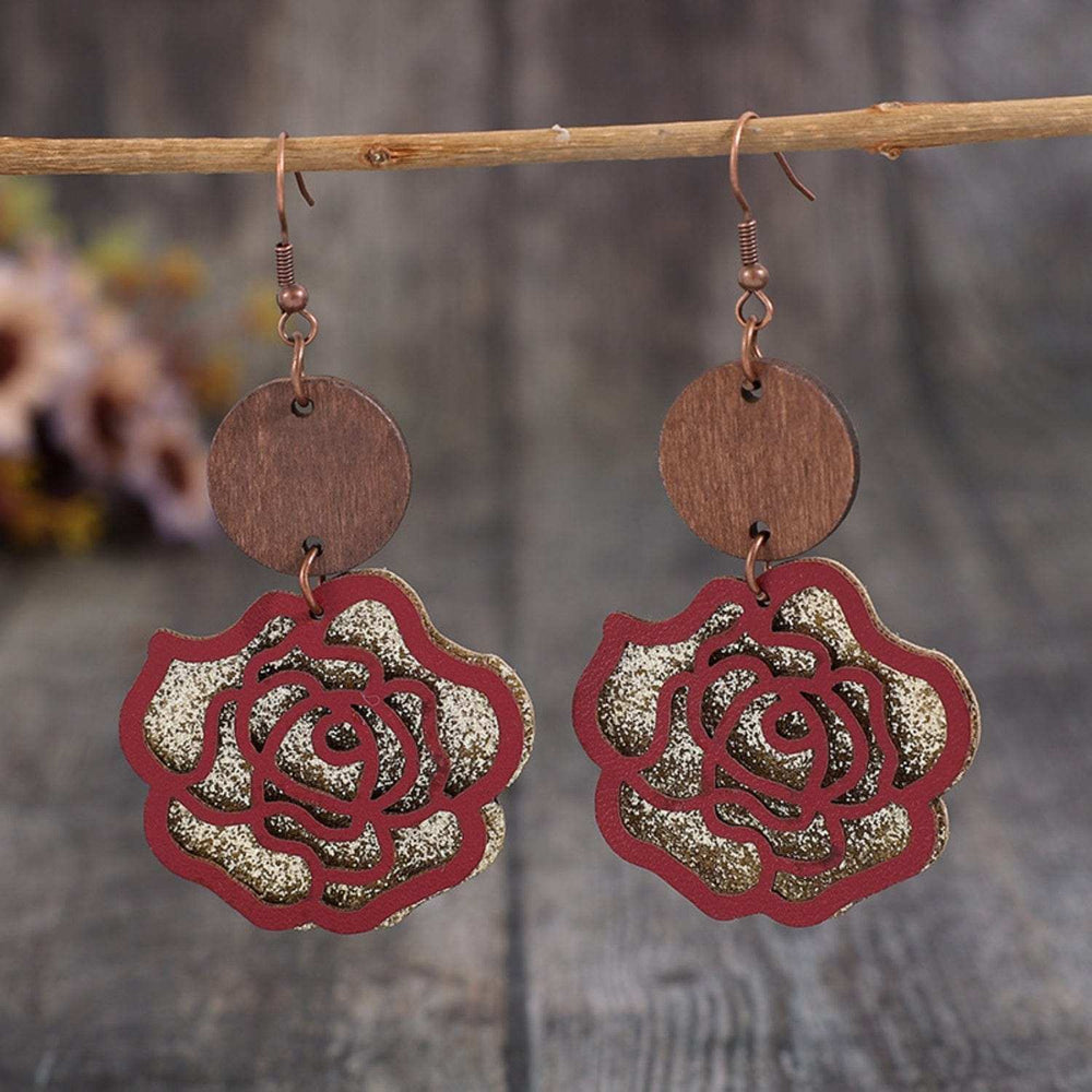 Wooden Alloy Rose Shape Dangle Earrings - Trendsi - Flyclothing LLC