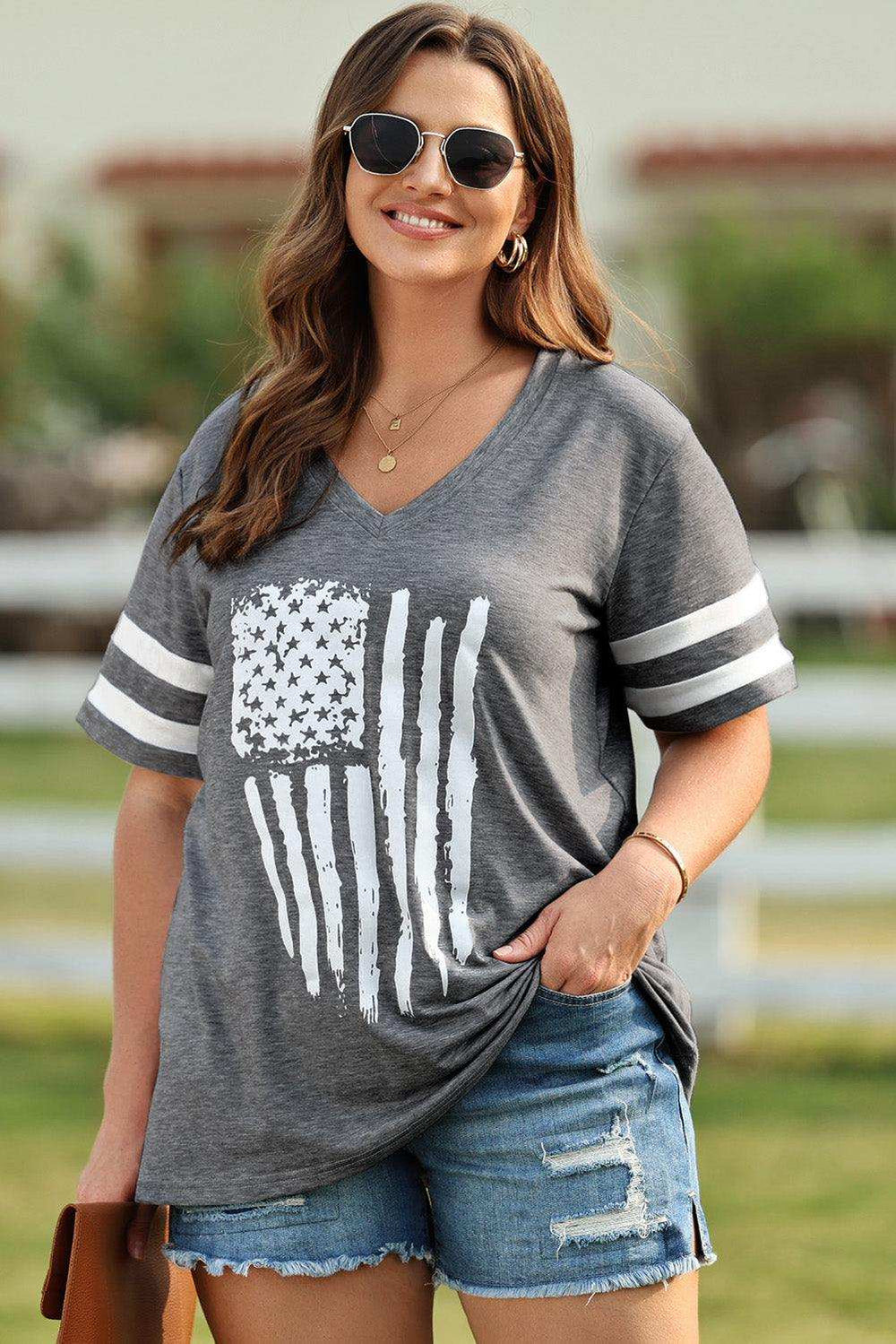 Plus Size US Flag Graphic V-Neck Tee - Trendsi - Flyclothing LLC