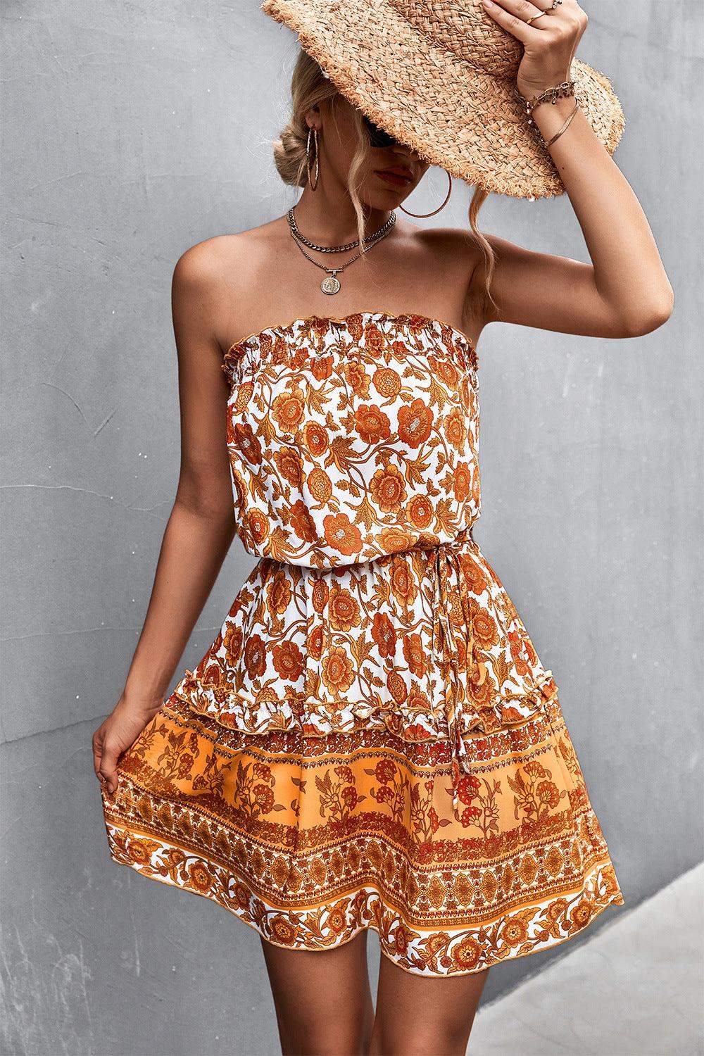Bohemian Frill Trim Strapless Dress - Trendsi - Flyclothing LLC