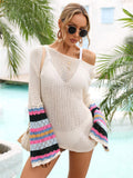 Rainbow Stripe Openwork Boat Neck Cover-Up - Trendsi