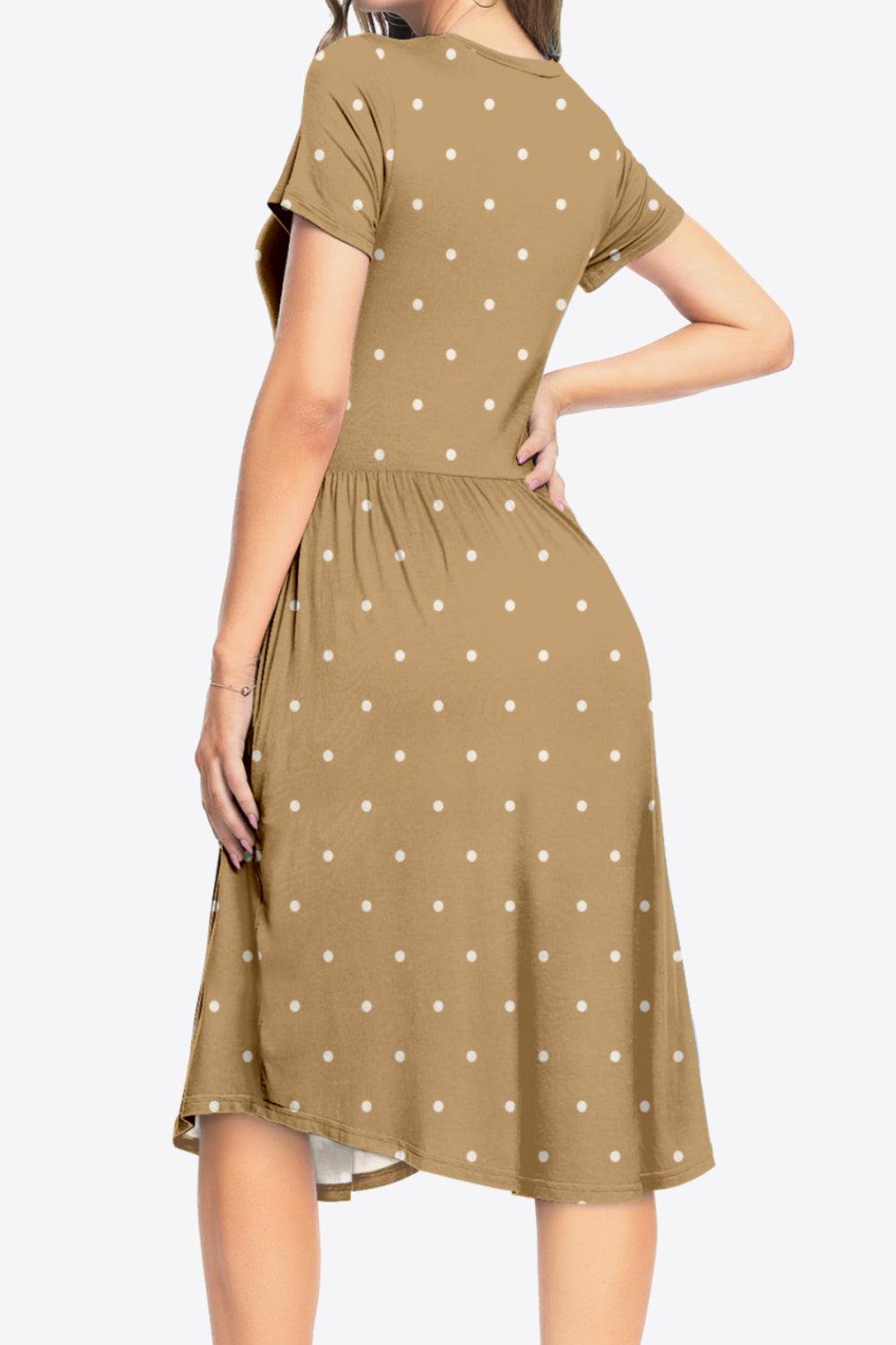 Printed Round Neck Short Sleeve Dress with Pockets - Trendsi