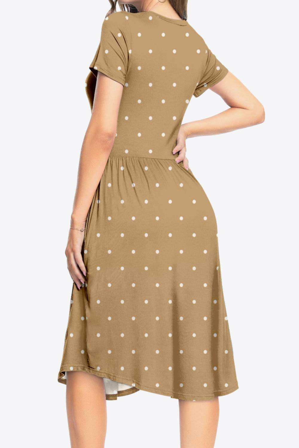 Printed Round Neck Short Sleeve Dress with Pockets - Trendsi - Flyclothing LLC