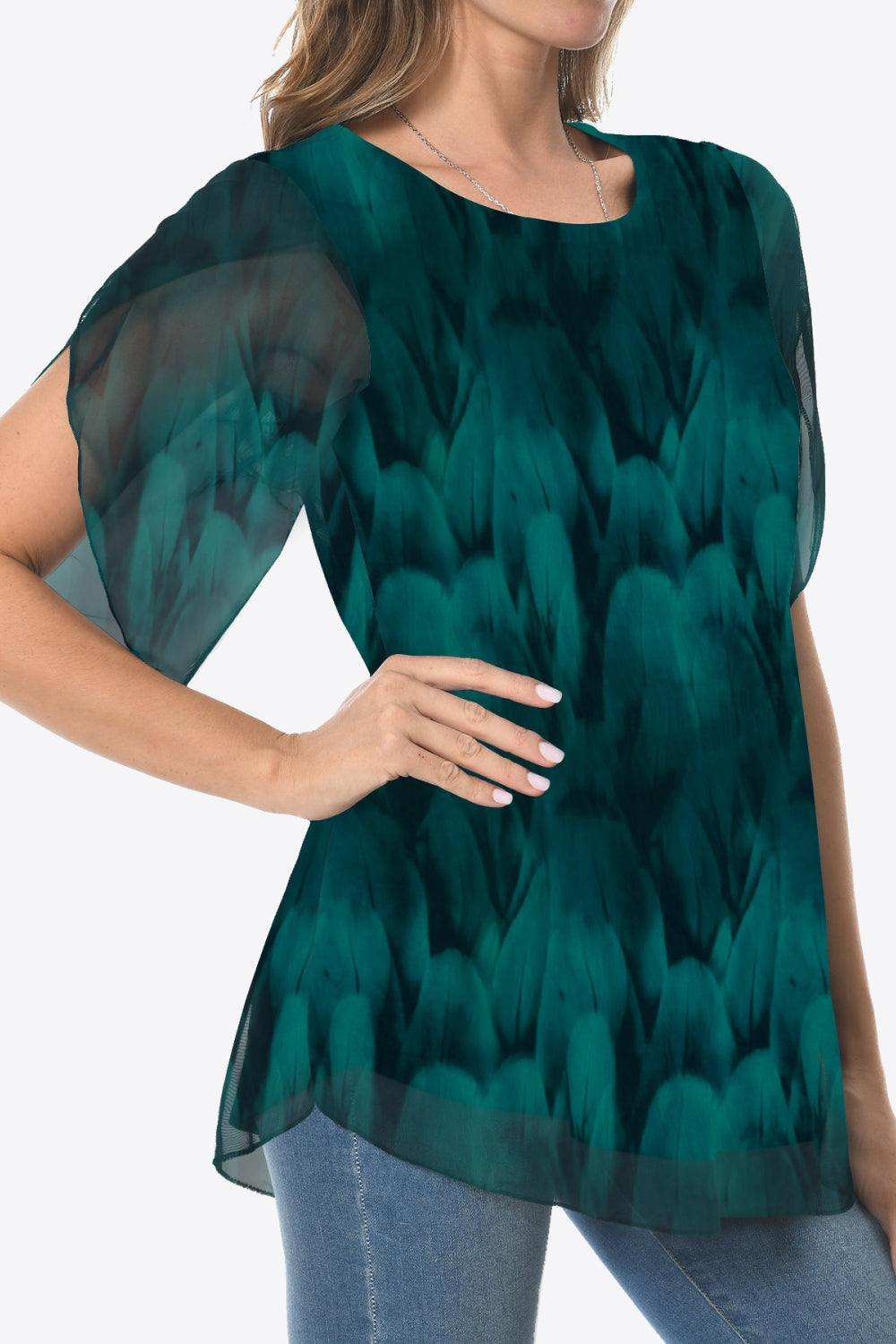 Printed Round Neck Curved Hem Blouse - Trendsi - Flyclothing LLC