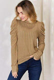 Basic Bae Full Size Ribbed Mock Neck Puff Sleeve T-Shirt - Trendsi - Flyclothing LLC
