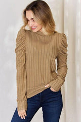 Basic Bae Full Size Ribbed Mock Neck Puff Sleeve T-Shirt - Trendsi