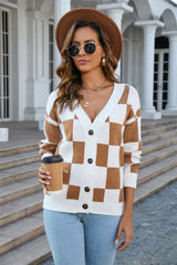 Button-Up Plaid V-Neck Dropped Shoulder Cardigan - Trendsi - Flyclothing LLC