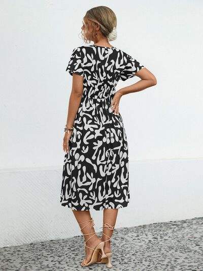 Printed V-Neck Short Sleeve Dress - Trendsi - Flyclothing LLC