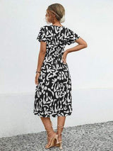 Printed V-Neck Short Sleeve Dress - Trendsi - Flyclothing LLC