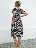 Printed V-Neck Short Sleeve Dress - Trendsi - Flyclothing LLC