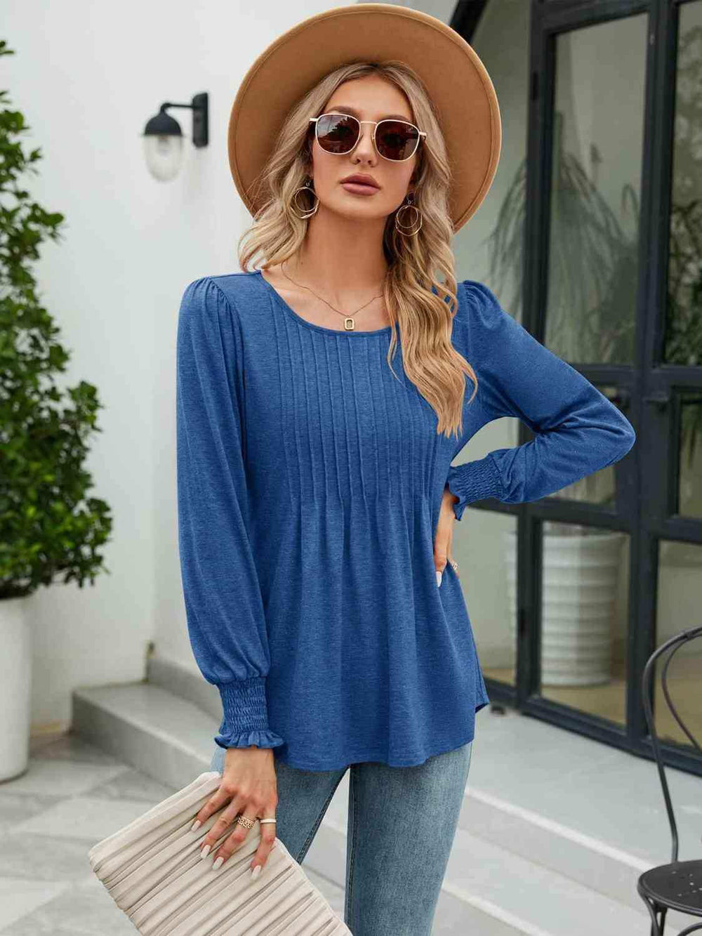 Smocked Round Neck Lantern Sleeve Blouse - Trendsi - Flyclothing LLC