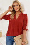 Smocked Flounce Sleeve Notched Neck Blouse - Trendsi - Flyclothing LLC