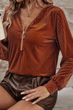 Ribbed Zip Up Long Sleeve T-Shirt - Trendsi - Flyclothing LLC