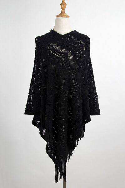Fringe Openwork Surplice Cape Sleeve Poncho - Trendsi - Flyclothing LLC