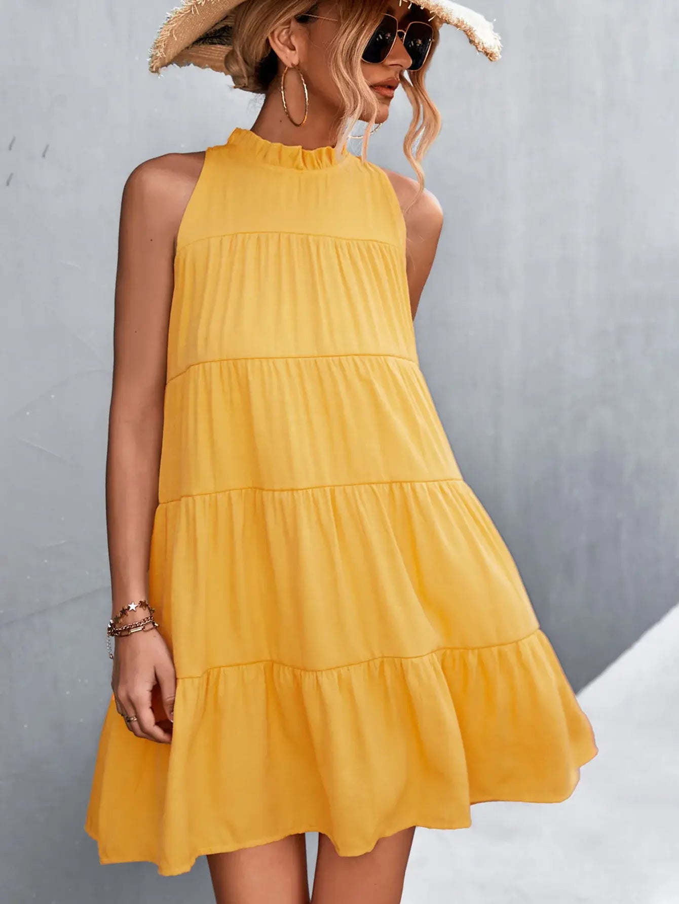 Tie Back Mock Neck Tiered Dress - Trendsi - Flyclothing LLC