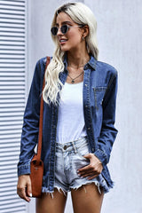 Distressed Snap Down Denim Jacket - Trendsi