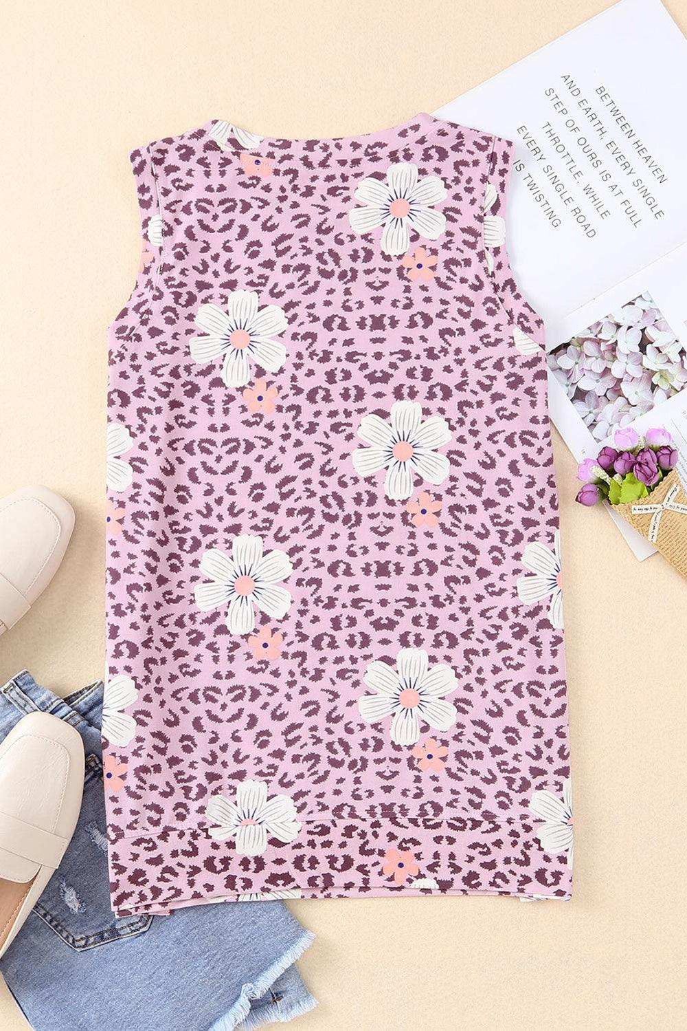 Printed Side Slit Round Neck Tank - Trendsi - Flyclothing LLC