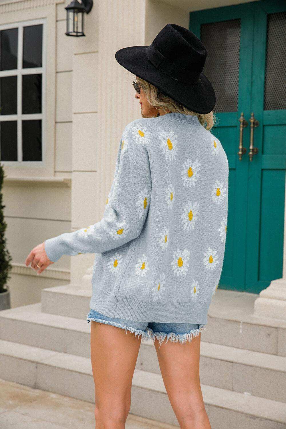 Daisy Pattern Button Front Cardigan - Trendsi - Flyclothing LLC